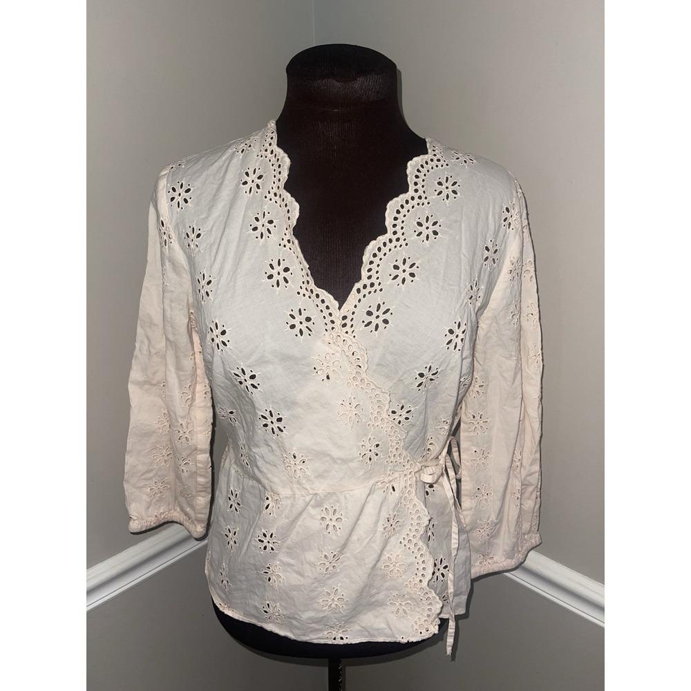 Madewell Scalloped Eyelet Lace Wrap Blouse Top V-Neck Pink Coquette Womens Szโ S